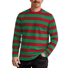 Striped Shirts for Men Long Sleeve Crew Neck (Red/Green, XXL)