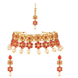 Efulgenz Faux Kundan Pearl Choker Sets for Women Indian Jewelry Crystal Kundan Necklace Crystal Floral Necklace Earrings Maang Tikka Head Chain Bollywood Wedding Bridal Set
