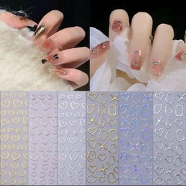 6 Sheets Love Heart Hollow Nail Art Stickers Decals Gold Silver Laser Silver Rose Gold Design Nail Decals 3D Self-Adhesive Bronzing Nail Art Sticker Decoration for Women Girls Manicure Supplies