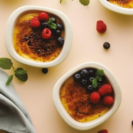 BergHOFF Balance 4Pc Stone Square Ramekin Crème Brulé Set 4.25" x 4" x 1.6", 7oz., For Tart Dessert, Wide Handle, Non-porous Ceramic Bakeware, Oven Safe Up To 464°F (240°C), Moonbeam