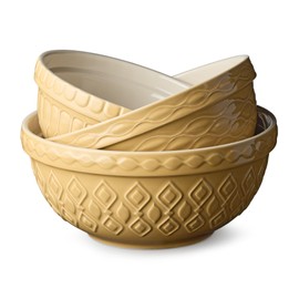 Vintage Farm Stoneware Mixing Bowl Set, 3-Piece, Includes 2 Qt, 3 Qt & 4.25 Qt Bowls, Embossed Patterns in Golden-Honey Finish, Durable & Nesting Design, Perfect for Mixing, Baking & Serving