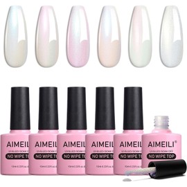 AIMEILI Glitter Top Coat Mother of Pearl Set No Wipe Pearl Effect Nail Gel UV Mother of Pearl Shimmer Nail Design Set 6-75