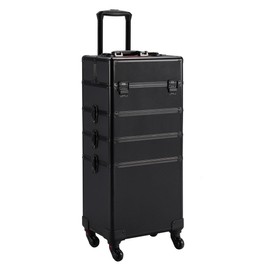 Yaheetech Yaheetech 4 in 1 Professional Makeup Train Case Aluminum Cosmetic Case Rolling Makeup Case Extra Large Trolley Makeup Travel Organizer, with 360 Swivel Wheels, Black