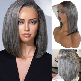 Belaved Short Bob Wig Human Hair Grey Salt & Pepper 13×4 Glueless HD Lace Front Silver Bob Wigs with Baby Hair Free Part Pre Plucked Hairline Straight 16 Inch