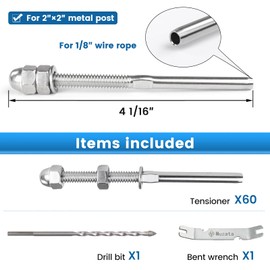 Muzata 60 Pack 1/8" Cable Railing Hardware Kit Hand Swage Threaded Stud Tensioner for 2x2 Metal Post T316 Stainless Steel Deck Cable Railing System CR23