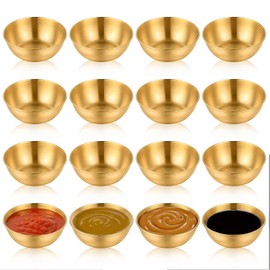 HOFURME 16 Pcs 3.5 inch Stainless Steel Sauce Dishes Mini Individual Saucers Bowl Round Seasoning Dishes Sushi Dipping Bowl Appetizer Plates (Gold)