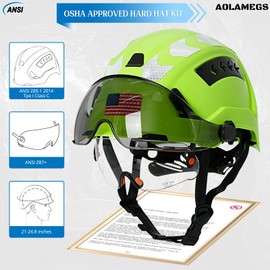 Aolamegs Hard Hats Construction OSHA Approved with Visor-Safety Helmet Hard Hat with Chin Strap,Vented Green Hard Hat with Visor and Sunglasses,Forestry Helmet,Arborist Helmet with Face Shield