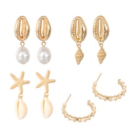 coadipress 4 Pairs Seashell Earrings Set for Women Gold Starfish Stud Earring Conch Shell Pearl Earrings Boho Summer Beach Earrings Accessories (4 pairs ocean earrings)