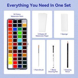 MeiLiang Travel Watercolor Set, 52 Colors Watercolor Paint Set with 1 Drawing Pencil, 1 Paint Brush, 5 Watercolor Paper, 1 Sponge & 1 Black Drawing Pen, Water Colors Paint Adults Set, Blue Case