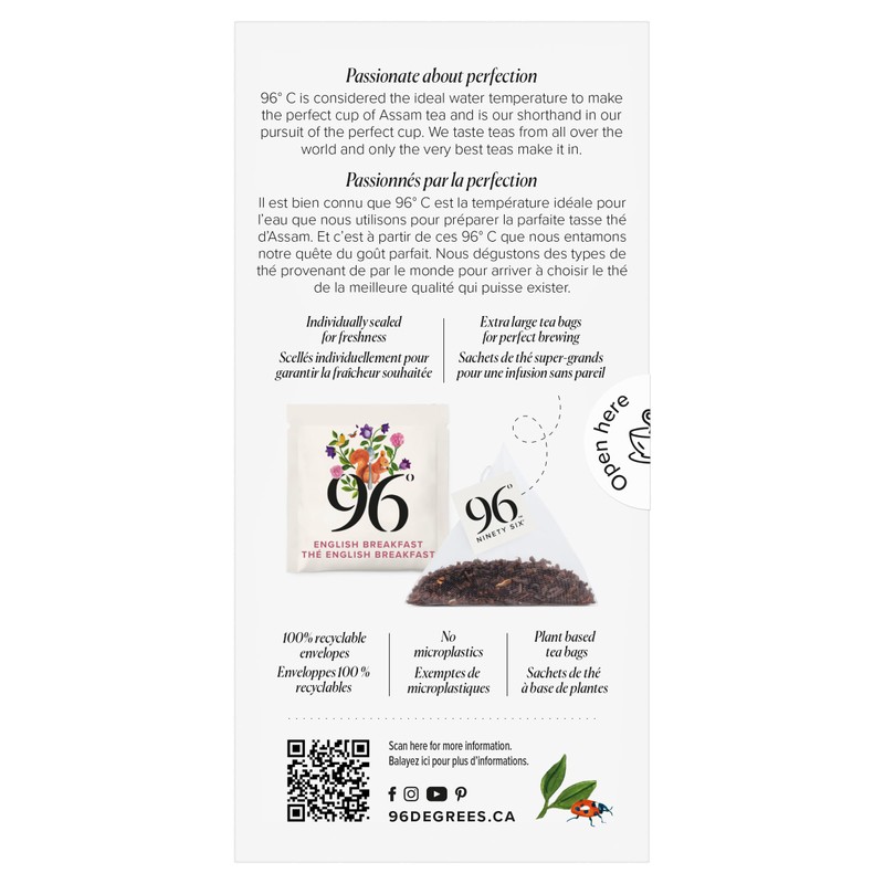 96° English Breakfast Tea - 20 Pyramid Tea Bags, Individually