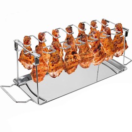 GKYMYZ Chicken Leg Rack with drip Tray for Grilling. Easy to use 12 Slot Chicken Leg or Wing Rack Stainless Steel Grill Rack for Outdoor Grill.Chicken drumstick Holder for Grill