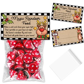 Whaline 50Pcs Christmas Self-Adhesive Goodie Bags with Toppers Magic Reindeer Food Candy Cello Bags Plastic Xmas Party Favor Bags for Wrapping Baking Food