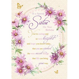 Artistic Words n Wishes Sister Birthday Card - Traditional Pretty Floral Wreath and Loving Verse Finished with Attractive Gold Foil - Greeting Card For Her (WW-K207)