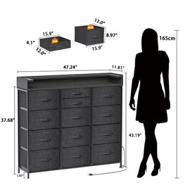 TIQLAB Dresser for Bedroom with 13 Drawers, 43” Tall Storage Tower with LED and Power Strip, Triple Wide Chest of Dresser with Fabric Drawers with Metal Frame for 40” TV, Kids Room, Closet, Black