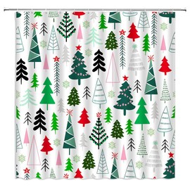 Christmas Shower Curtain Xmas Tree Colorful Pine Cartoon Winter Holiday Festival Cute New Year Fabric Bathroom Decor Curtains with Hooks,Green White