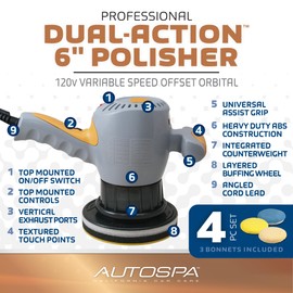 AutoSpa 94009AS Dual Speed 6" Professional Polisher with 3 Bonus Bonnets