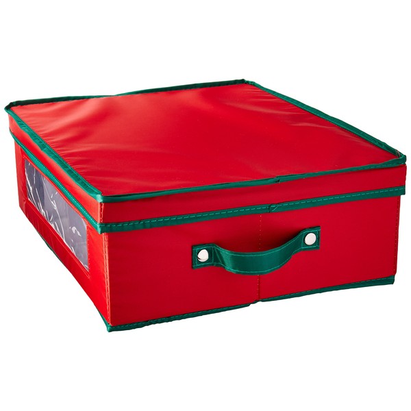 Household Essentials 538RED Holiday China Dinnerware Storage Chest for Coffee Mugs | Removable Lid | Red Canvas with Green Trim