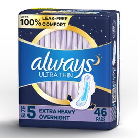 ALWAYS Ultra Thin Size 5 Extra Heavy Overnight Pads With Wings Unscented, 46 Count