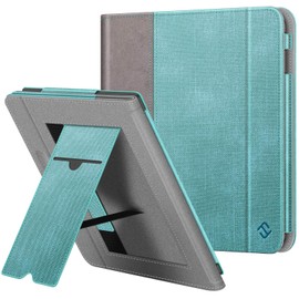 Fintie Case Compatible with Tolino Vision 5 2019 / Kobo Libra H2O - Kickstand Protective Case with Card Slot, Wrist Strap and Auto Sleep/Wake Function, Denim Look Turquoise