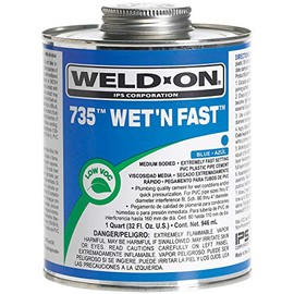WELD-ON 12495 735 Wet 'N Fast Medium-Bodied High Strength PVC Cement - Extremely Fast Setting and Low-VOC, Blue, 1 Quart (32 fl oz)