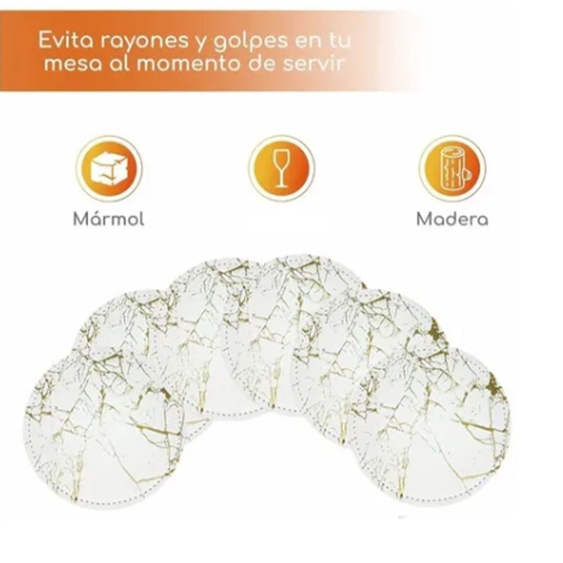 7PCS Drink Coaster Reversible Leather Round Platinum Marble Appearance 10cm