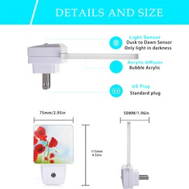 Oeaskly Red Poppy Flower Night Light,Plug into Wall Night Lights 0.5W Sleep Friendly for Boys Girls Led Night Light Dusk to Dawn Sensor Nightlight for Stairway/Hallway/Kitchen