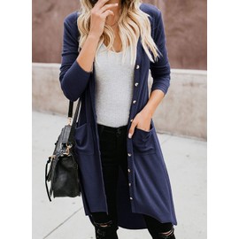 Naggoo Women's Long Cardigans Button Down High Low Solid Knit Loose Cardigans with Pockets Navy Blue