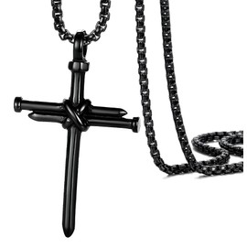 JUNOVUROS Nail Cross Necklace for Men Stainless Steel Religious Retro Nail Cross Pendant Necklace, 18 to 28 Inch Rolo Chain, Silver/Gold/Black