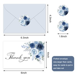 Whaline 36Pcs Dusty Blue Floral Thank You Cards with Envelopes and Stickers Blue Rose Greeting Cards Blank Note Cards for Weddings Bridal Shower Baby Shower