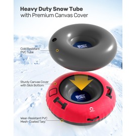 QPAU Snow Tube with Premium Canvas Cover 2 Pack for Kids and Adults, 48'' Inflatable Heavy Duty Snow Tube Made by Thickened Bottom, Sled Winter Outdoor Fun Toys for Children Boys Girls (Blue & Red)