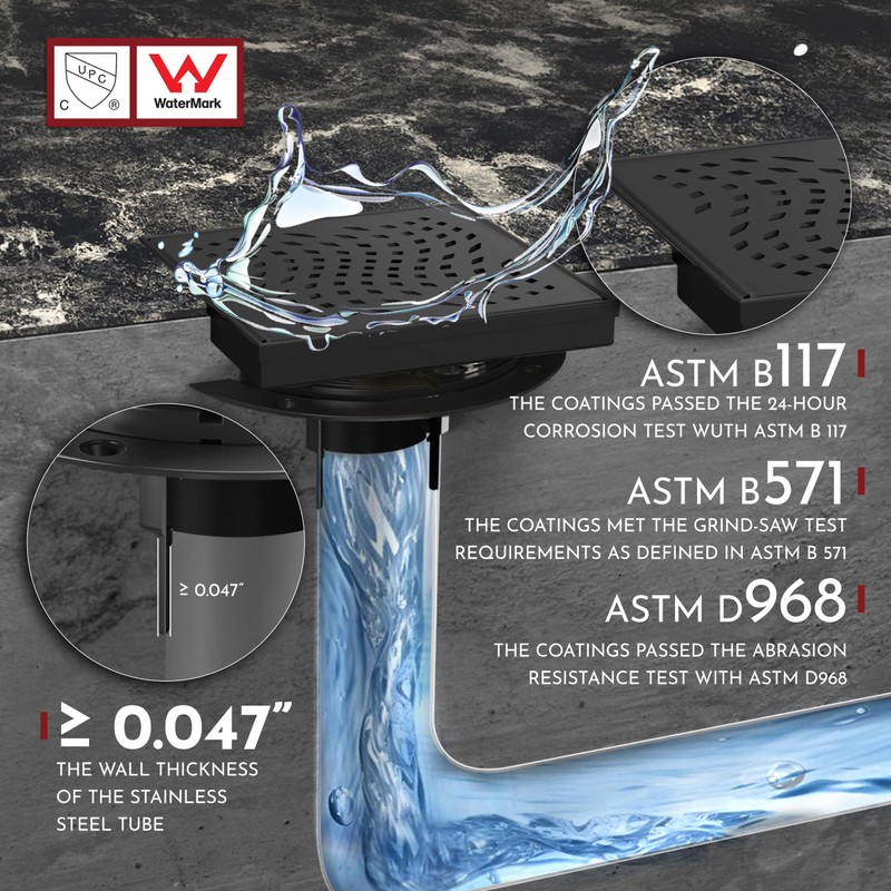 WEBANG 6 Inch Square Shower Drain Black Floor Drain with