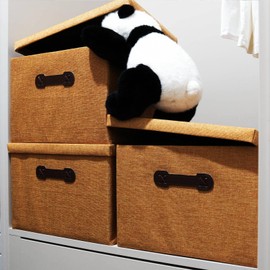 Enzk&Unity Decorative Storage Bins with Lids, Fabric Linen Foldable Storage Box with Handle Home Organizer for Shelf, Closet, Bedroom, Living Room, Office, 3 Packs, Brown