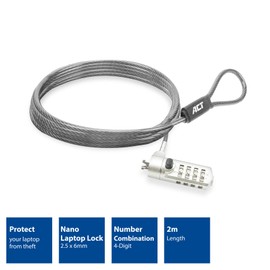 ACT Laptop Lock Security Cable 2 m, Password Protection 4 Digit Combination Lock, Nano Slot Notebook Lock, Swivel Lock Head, Laptop Lock HP, Portable Anti-Theft Cable - AC9025