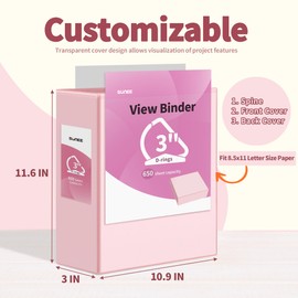 SUNEE 3 Ring Binder 3 Inch D Ring, Clear View Binder Three Ring PVC-Free (Fit 8.5x11 Inches) for School Binder or Office Binder Supplies, Pink Binder, 2 Pack