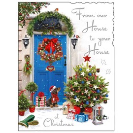 From Our House to Your House Christmas Card - Festive Front Door and Dachshund - Artistic Dog Design - Special Finishes and Illustrated Insert Leaf - Made in the UK