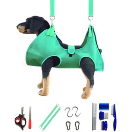 kinla Dog Grooming Hammock with Flea Comb and Dog Nail Clipper, Pet Dog Grooming Hammock Harness with Cat Nail Clipper, Nail File and Dog Brush, Dog Sling for Nail Clipping/Nail Trimming (S, Green)