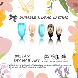 Handmade Press on Nails MABKJLF Medium Almond French Tip Fake Nails 3D Gemstone Gold False Nails with Designs Leopard Print Stars Glossy Glue on Nails Vintage Acrylic Nails