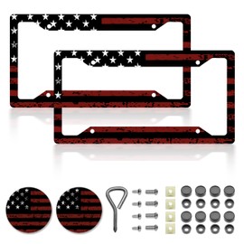 Black Red American Flag License Plate Frames, American Flag Car Accessories for Women & Men，US Car Plate License Plate Holder，Aluminum License Plate Frame Fits Standard Vehicles Size 12.2 x 6 Inch