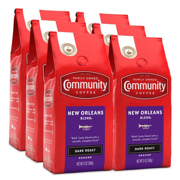 Community Coffee New Orleans Blend 72 Ounces, Special Dark Roast Ground Coffee, 12 Ounce Bag (Pack of 6)