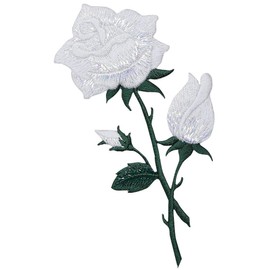 White Rose - Open - Buds on Stem - Embroidered Iron on Patch