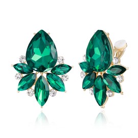 Flyonce Vintage Rhinestone Clip On Stud Earrings for Women, Fancy Crystal Cluster Teardrop Art Deco Non Pierced for Wedding Bridal Brides Green Gold-Tone