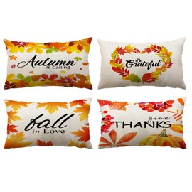 Set of 4 Fall Pillow Covers 12x20 Inch Thanksgiving Autumn Maple Leaves Throw Pillow Covers Thanksgiving Decorative Cotton Linen Lumbar Outdoor Sofa Couch Home Pillow Cases (12 by 20)