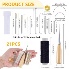 21 Pieces Leather Sewing Kit, Upholstery Repair Waxed Thread Hand Stitching Tools with Waxed Thread Needles Perforation Awl Thimble, DIY Sewing Tool for Hand Stitching Carpet Furs Canvas Sofas Shoes