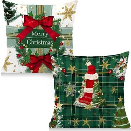 Cirzone Christmas Cushion Cover, 45 x 45 cm, Set of 2, Christmas Tree Christmas Hat, Christmas Cushion, Christmas Decor Cushion, Christmas Cushion Cover, Christmas Decoration for Home, Sofa, Bedroom