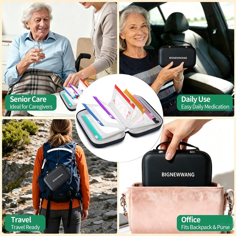 Pill Pouch Organizer,7 Zippered Waterproof Pill Pouches for Travel, Black
