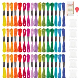 FREEBLOSS 48 Skeins Embroidery Floss Rainbow Color Cross Stitch Threads with Floss Bobbins, Needle Threader and 16 Embroidery Needles, Multicolor, 8.7 Yards per Skein, 6 Strands