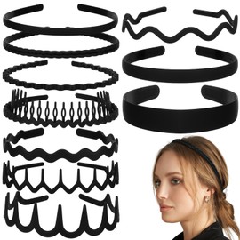 Auiremrti 10 Pack Black Headbands for Women, Non-Slip Plastic Headbands with Tooth Comb, Matte Tooth Hairbands, Hair Accessories for Men, Teenagers and Girls