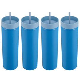 MEWAY 24oz Plastic Skinny Tumblers Bulk 4 Pack,Double Wall Acrylic Tumbler with Lid and Straw,Matte Reusable Plastic Cups for Party,Birthdays,Customization DIY Gifts(Grey blue,Set of 4)