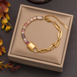 Stainless Steel Chunky Paperclip Chain Link Bracelet Padlock Stacking Bracelet Colorful Cubic Zirconia Tennis Bracelet Adjustable Gold Lock Charm Bangle Wrist Jewelry for Women Teen