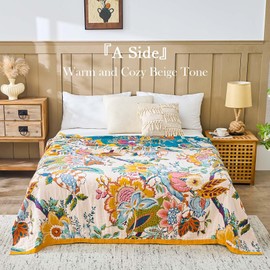 KMBFWU Farmhouse Throw Blanket, 80"x 90" Boho Throw Blankets for Couch Cover, 100% Cotton Bohemian Vintage Quilt for All Seasons Reversible Florals Lightweight Picnic Blankets Home Decoration